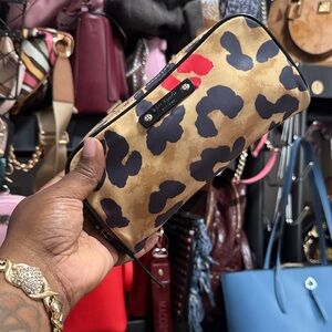 kate spade Leopard Print Cosmetic Pouch in Tan, Black & Red Accent